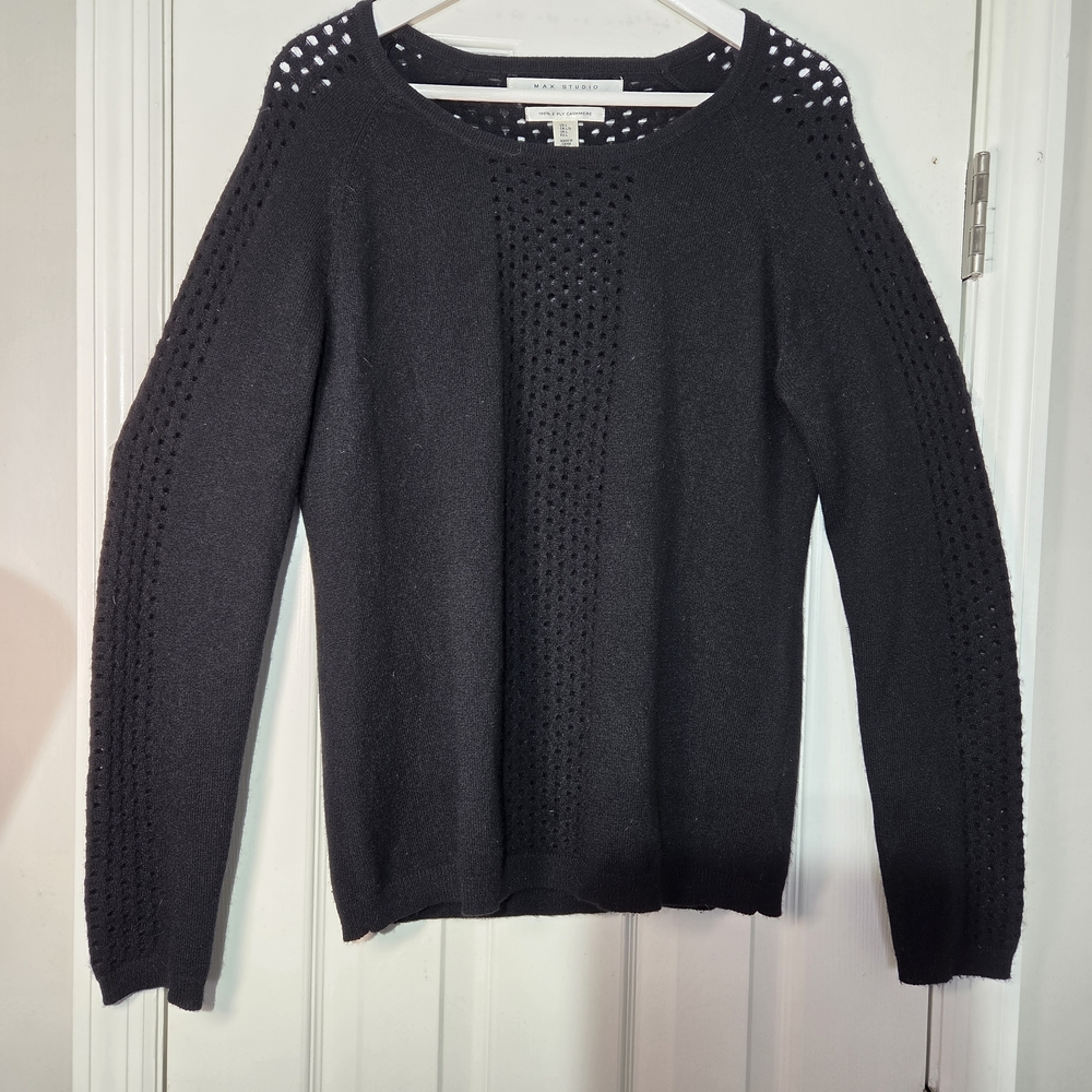 Max Studio Cashmere Black Open-Weave Crewneck Sweater Womens Large